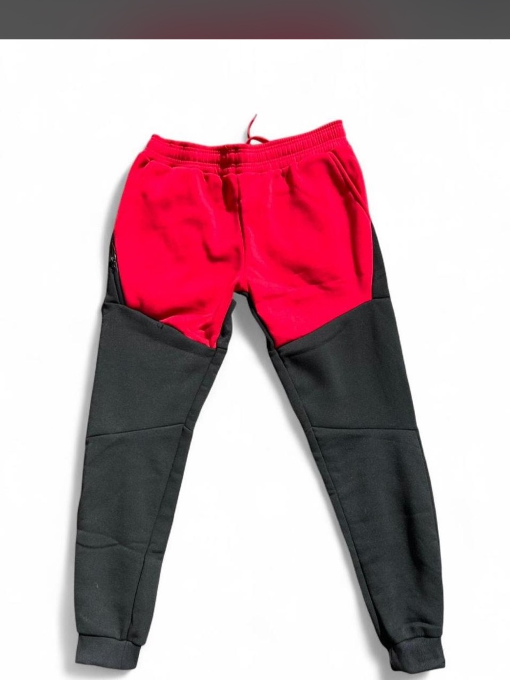 Men’s medium Two-Tone Red and Black Jogger Pants with elastic waist and pockets
